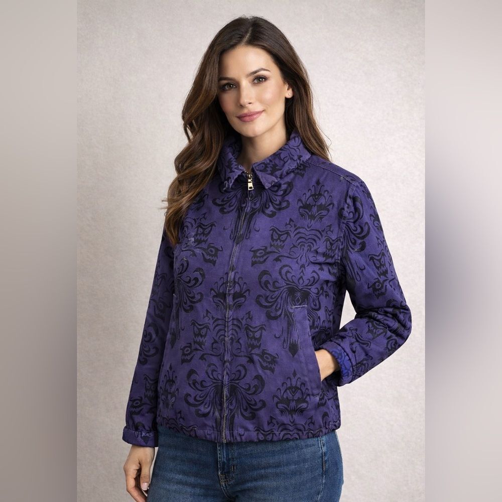 Disney Parks Haunted Mansion Bomber Jacket Medium Purple Face Wallpaper Zip XS